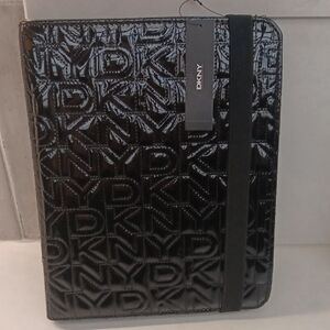 DKNY Black Glossy Monogram Quited Logo Tablet Cover with Elastic Closure New